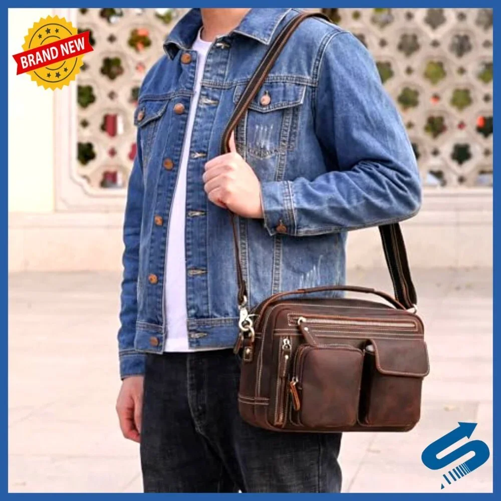 Vintage Leather Messenger Bag for Men, Laptop Crossbody Briefcase Shoulder Bag